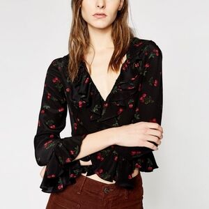 The Kooples Black and Red Ruffled Sailor Collar Crop Blouse
